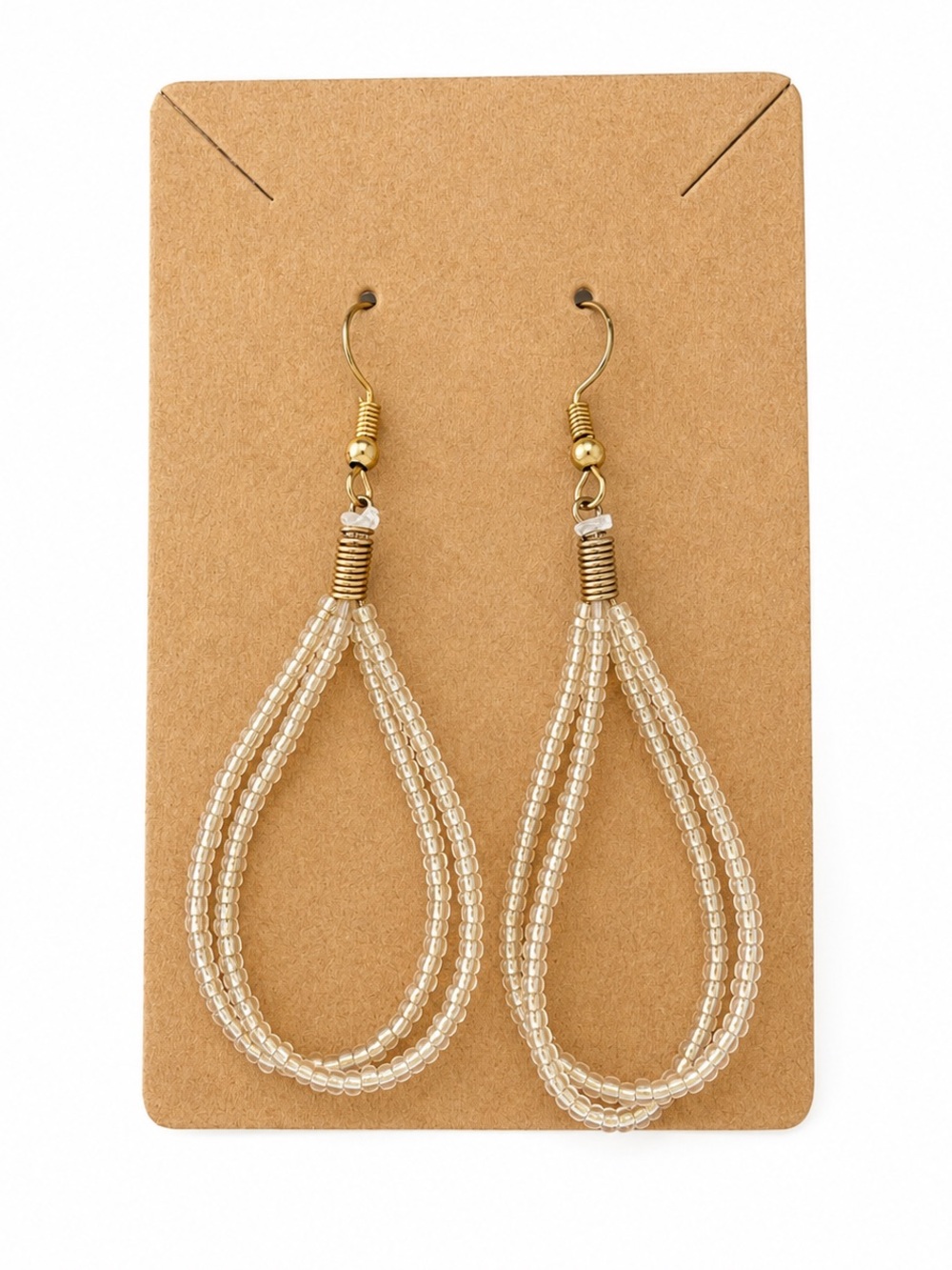 Ivory Seed Bead Teardrop Dangle Earrings Gold Tone Boho Handmade Boutique